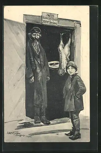 Künstler-AK Jüdischer Fleischverkäufer an seiner Türe