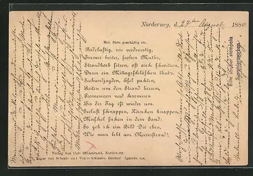 Vorläufer-AK Norderney, 1880, Launiges Gedicht über die Ferien auf der Insel, Badeluftig, nie verdrusstig...