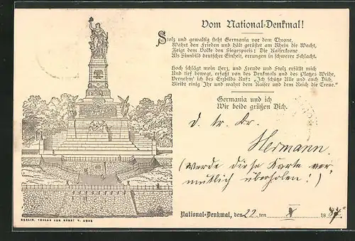 Vorläufer-AK National-Denkmal auf dem Niederwald, 1887, Gedicht über das Denkmal