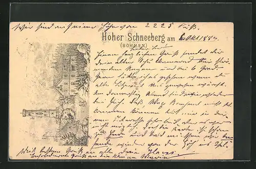 Vorläufer-Lithographie Hoher Schneeberg, 1884, Gasthaus und Schneebergturm auf dem Gipfel