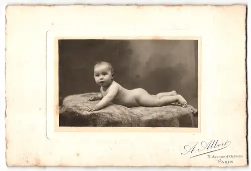 Fotografie A. Albert Succr., Paris, Portrait niedliches Baby bäuchlings auf Decke liegend