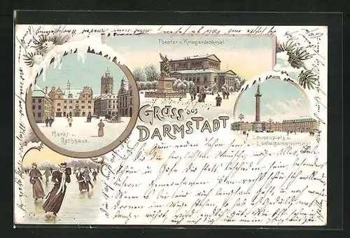 Winter-Lithographie Darmstadt, Theater und Kriegerdenkmal, Markt und Rathaus, Louisenplatz und Ludwigsmonument