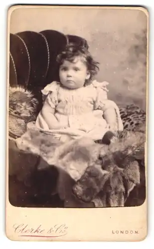 Fotografie Clerke & Co., London, Portrait sitzendes Kleinkind im hübschen Kleidchen