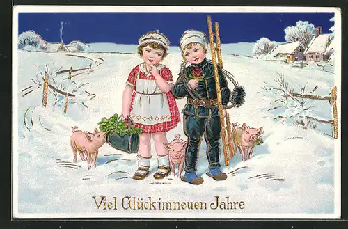 AK Mädchen trifft Schornsteinfeger und Schweine auf seinem Weg, Viel Glück im neuen Jahre!
