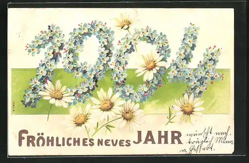 AK Blaue Blüten bilden die Jahreszahl 1904, Fröhliches Neujahr!