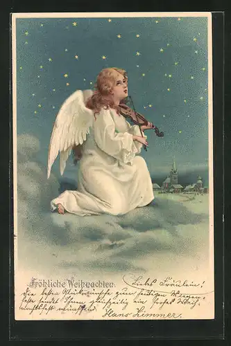 AK Weihnachtsengel spielt auf der Geige und blickt zum nächtlichen Himmel, Fröhliche Weihnachten