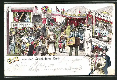 Lithographie Griesheimer Kerb, Volksfest, Leierkastenspieler