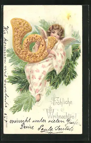Präge-Lithographie Fröhliche Weihnachten!, Weihnachtsengel mit Lebkuchen-Posthorn