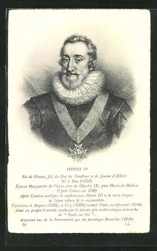 AK Portrait Henri IV. von Frankreich in edler Tracht mit Kreuzkette und Halskrause