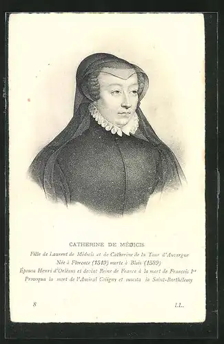 AK Portrait Catherine de Médicis von Frankreich im Kleid mit Halskrause und Schleier