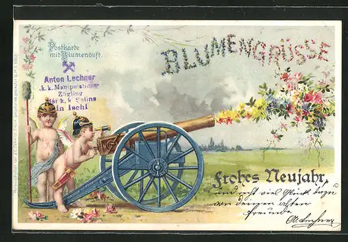 Duft-Lithographie Blumengrüsse, Frohes Neujahr, Putten als Kanoniere