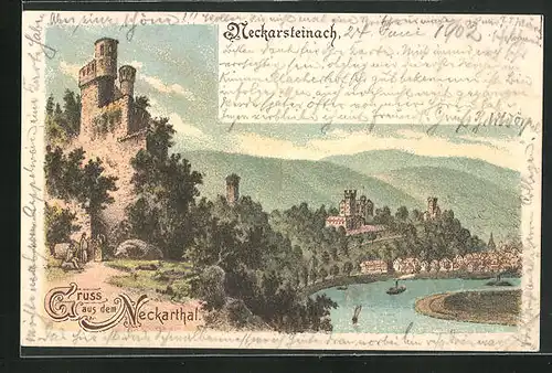 Lithographie Neckarsteinach, Motiv aus dem Neckarthal