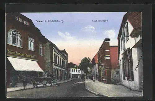 AK Varel i. Oldenburg, Kirchhofstrasse mit Geschäft