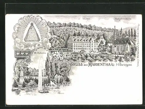 Lithographie Marienthal / Rheingau, Kloster und Wallfahrtskirche, Hl. Antonius