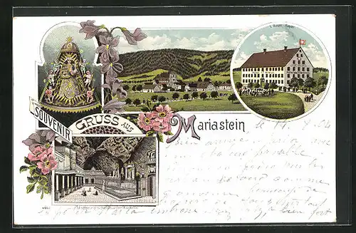 Lithographie Mariastein, Hotel zum Kreuz, Unterirdische Gnadenkapelle, Gnadenbild, Ortsansicht