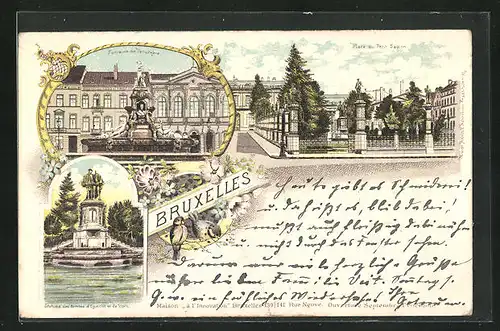 Lithographie Brüssel / Bruxelles, Fontaine de Brouchere, Place du Petit Sablon & statue des Comtes d`Egment et de Horn