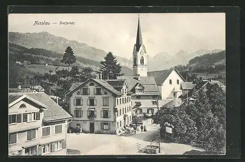 AK Nesslau, Dorfplatz mit Kirchblick