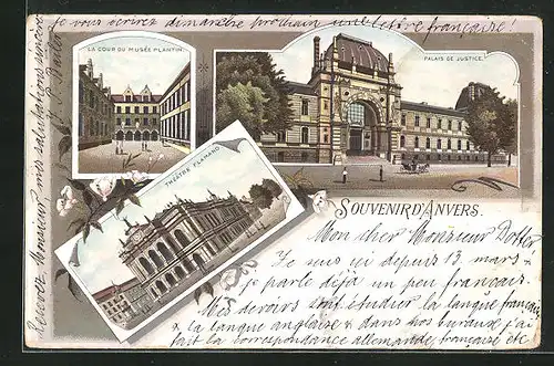 Lithographie Anvers, Theattre Flamand, Palais de Justice, La Cour du Musee Plantin