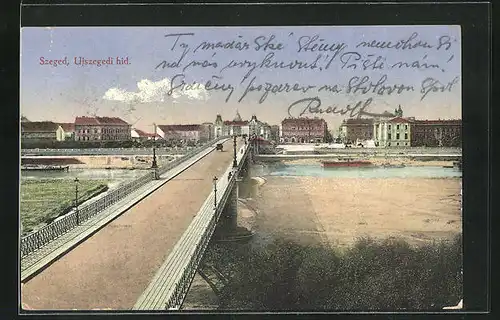 Künstler-AK Szeged, Ujszegedi hid., Ortsansicht mit Flussbrücke