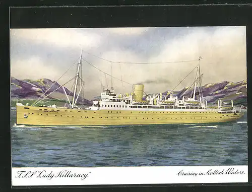 Künstler-AK T.S.S. Lady Killarney mit Festland im Hintergrund, Passagierschiff