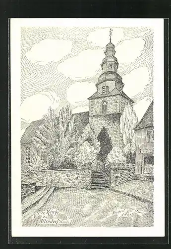 Künstler-AK Allendorf a. d. Lumda, Ansicht der evangelischen Kirche