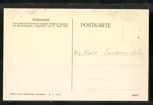 AK Halberstadt, Das städtische Kaiserin Auguste Viktoria-Lyzeum am Bismarckplatz