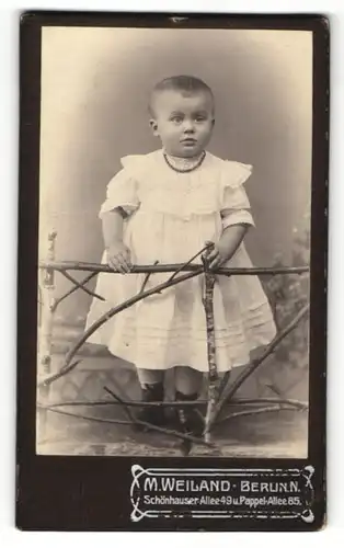 Fotografie M. Weiland, Berlin-N, Portrait kleines Mädchen im hübschen Kleid an Zaun gelehnt