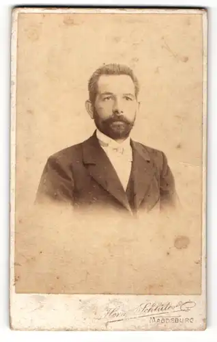 Fotografie Herm. Schlüter, Magdeburg, Portrait bürgerlicher Herr im Anzug mit Fliege und Vollbart