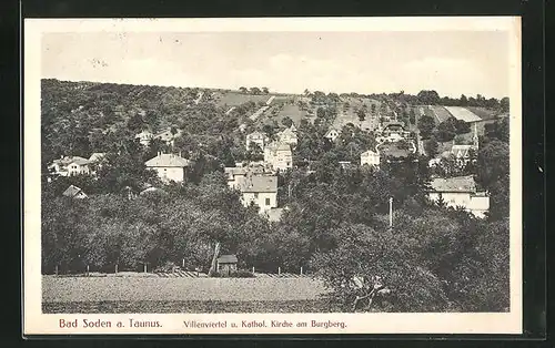 AK Bad Soden / Taunus, Villenviertel und kath. Kirche am Burgberg