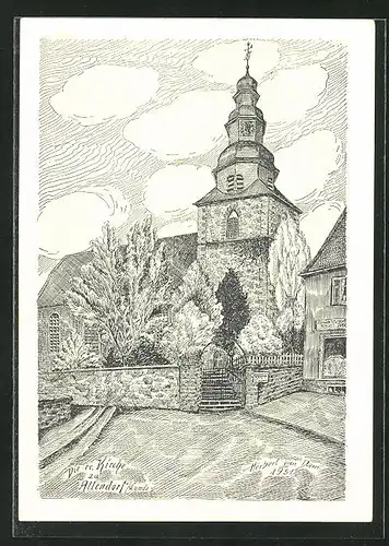 Künstler-AK Allendorf a / d. Lumda, Die evangelische Kirche