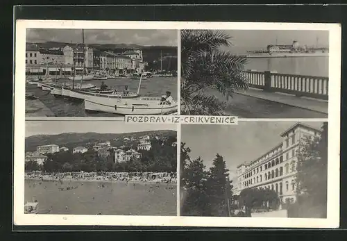 AK Crikvenice, Ortspartie, Boote im Hafen, Blick zum Strand