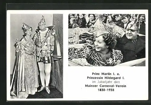 AK Mainz, Prinz Martin I. & Prinzessin Hildegard I. im Jubeljahr des Mainzer Karneval-Verein 1838-1938