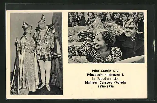 AK Mainz, Prinz Martin I. & Prinzessin Hildegard I. im Jubeljahr des Mainzer Karneval-Verein 1838-1938