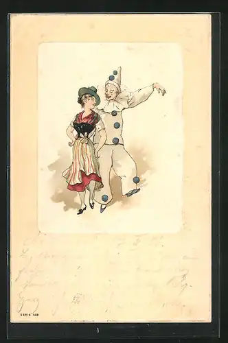 AK Harlekin wagt ein Tänzchen mit einer Frau in Tracht