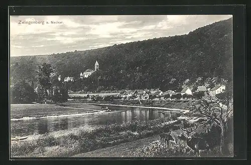 AK Zwingenberg a. Neckar, Ortsansicht mit Fluss