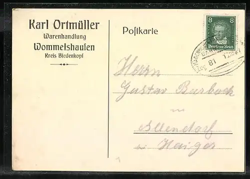AK Wommelshausen, Korrespondenzkarte der Warenhandlung Karl Ortmüller