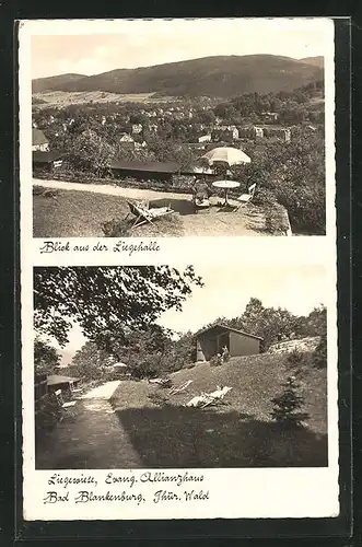 AK Bad Blankenburg / Thür. Wald, Blick aus der Liegehalle, Liegewiese, Evang. Allianzhaus