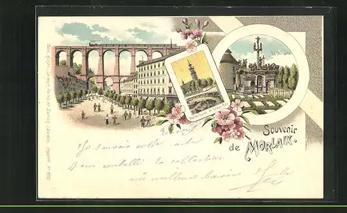Lithographie Morlaix, Notre-Dame de Croaz-Baz, Le Calvaire, Viadukt