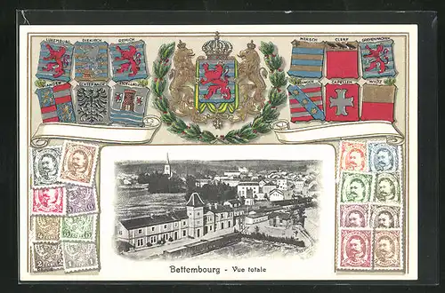 AK Bettembourg, Vue totale, Wappen, Briefmarken