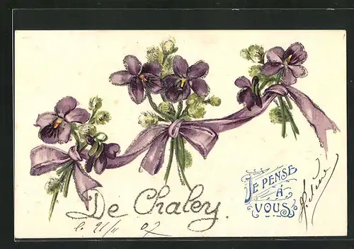 Künstler-AK De Chaley, hübsche lilafarbene Blumen mit Schleifen und Glitzer