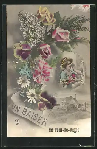 AK Pont-de-Veyle, Grusskarte mit Blumen, Frau mit Blumenstrauss, Bauernhaus