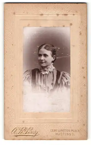Fotografie A. R. Perry, Hastings, Portrait bürgerliche Dame im eleganten Kleid mit Puffärmeln