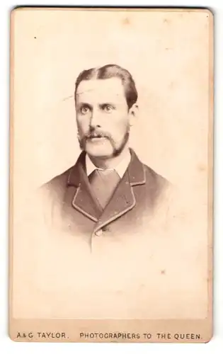 Fotografie A. & G. Taylor, Newcastle, Mann mit Mittelscheitel und sehr breiter grauer Krawatte trägt Bart