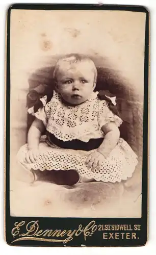 Fotografie E. Denney & Co., Exeter, Portrait sitzendes Kleinkind im hübschen Kleid mit kurzen Haaren