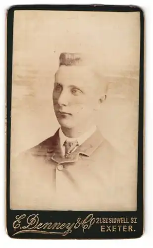 Fotografie E. Denney & Co., Exeter, Portrait bürgerlicher Herr im Anzug mit Krawatte