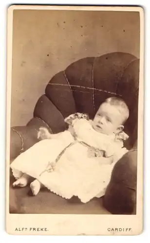 Fotografie Alf. Freke, Cardiff, Portrait niedliches Baby im Kleidchen porträtiert