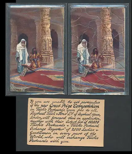 Puzzle-AK La Prierè au Temple, Araber beim Gebet, Vorlage, Reklame für Tuck`s Postcards, geöffnete Verpackung