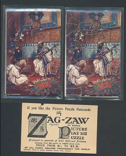 Puzzle-AK Les Musiciens, arabische Musiker, Reklame für Zig-Zaw Picture Puzzle Postcards, geöffnete Verpackung