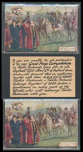 Puzzle-AK The Surrender of Oxford 1646, 30-jähriger Krieg, Reklame für Tuck`s Puzzle Postcards, geöffnete Verpackung