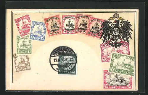 AK Briefmarken aus Deutsch-Ostafrika und deutscher Reichsadler